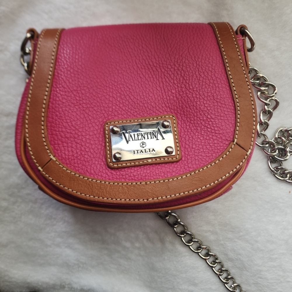 VALENTINA Saddle Leather Shoulder Bag Pink/Tan/Made in Italy EUC - Picture 4 of 17